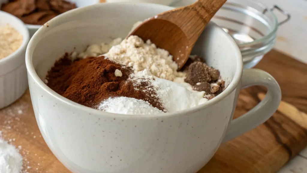 Hot Chocolate Mug Cake That’s So Easy and Delicious 2 Close-up of dry ingredients for a Hot Chocolate Mug Cake, including flour, cocoa powder, baking powder, and sugar, being mixed in a white mug with a wooden spoon.