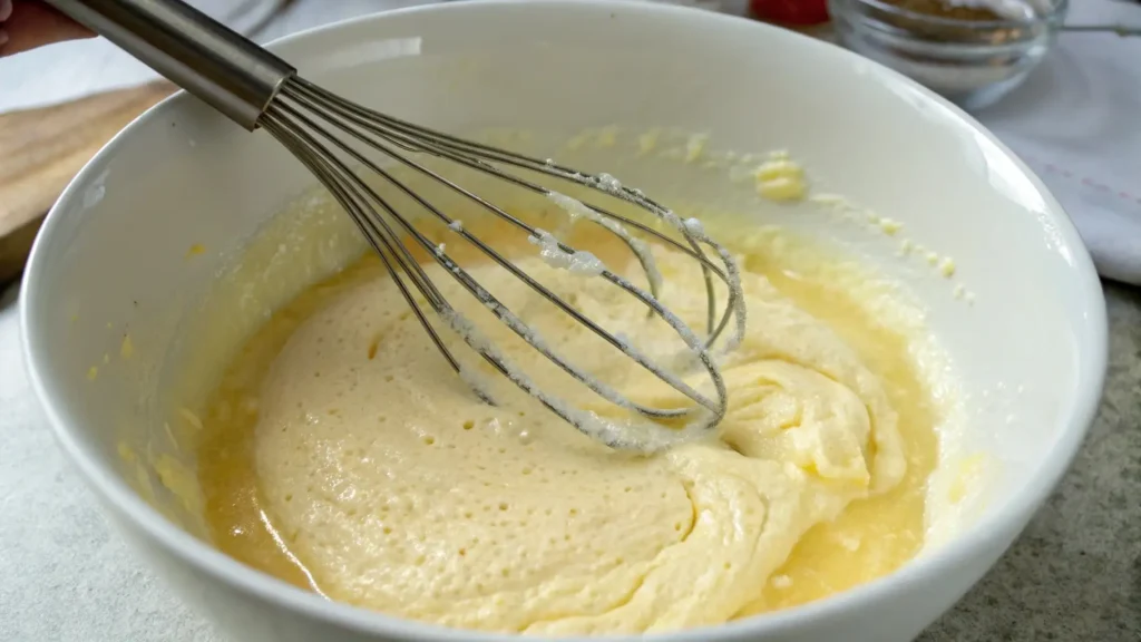 Too Much Chocolate Cake and the Guilt You’ll Love 3 Whisk mixing wet cake ingredients in a white bowl, showing a smooth, creamy batter in the early stage of chocolate cake preparation.