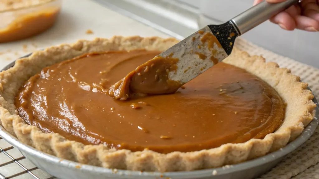 Caramel Cream Pie Obsession You’ll Love 3 A person spreading smooth caramel filling into a graham cracker crust to make a Caramel Cream Pie.