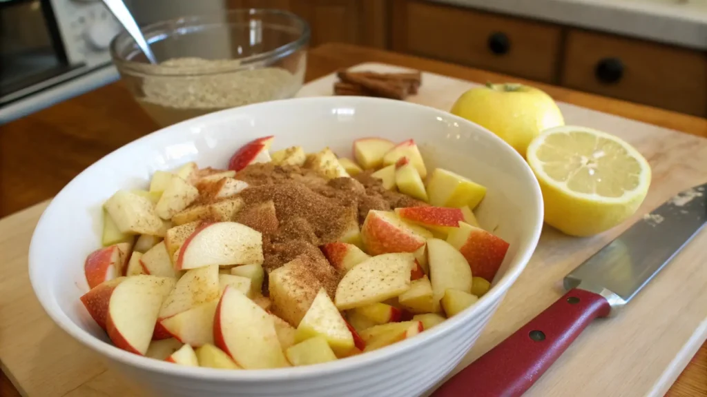 Cinnamon Roll Apple Pie Cups for the Ultimate Indulgence 2 Chopped apples, cinnamon, and sugar mixed in a bowl with a lemon and cinnamon sticks on a wooden surface, preparing the apple filling for baking.