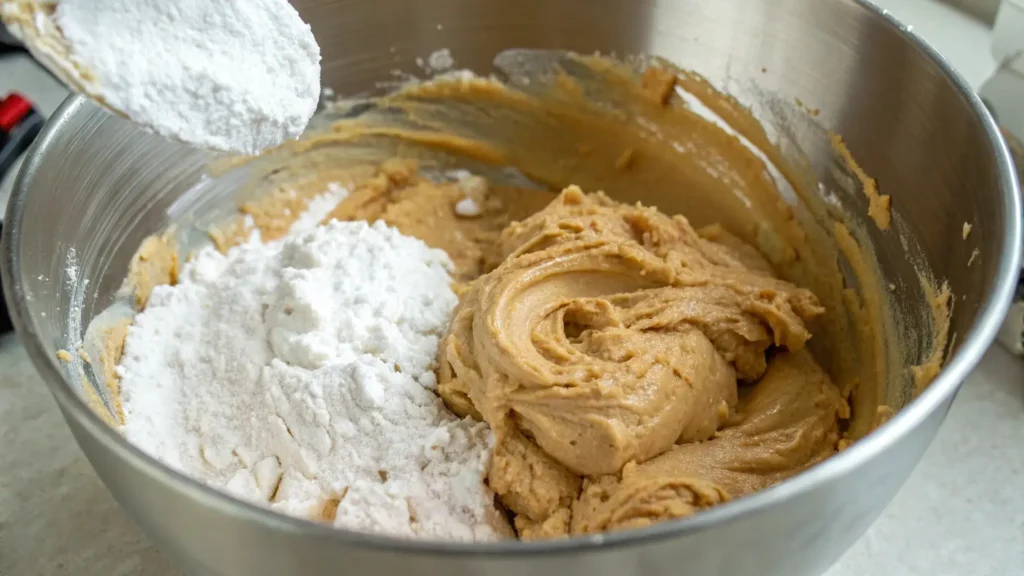 Amish Peanut Butter Cream Pie – A Decadent Treat You'll Love 2 A close-up of a mixing bowl with peanut butter and powdered sugar being combined. A spoonful of powdered sugar is being added to the peanut butter mixture, which has a smooth, creamy texture.