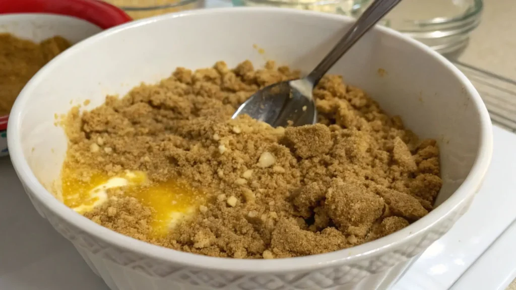 Pecan Pie Lasagna That Makes Holidays Special 2 A close-up image of a bowl containing crushed graham crackers, melted butter, and brown sugar being mixed with a spoon to prepare the crust for a dessert.