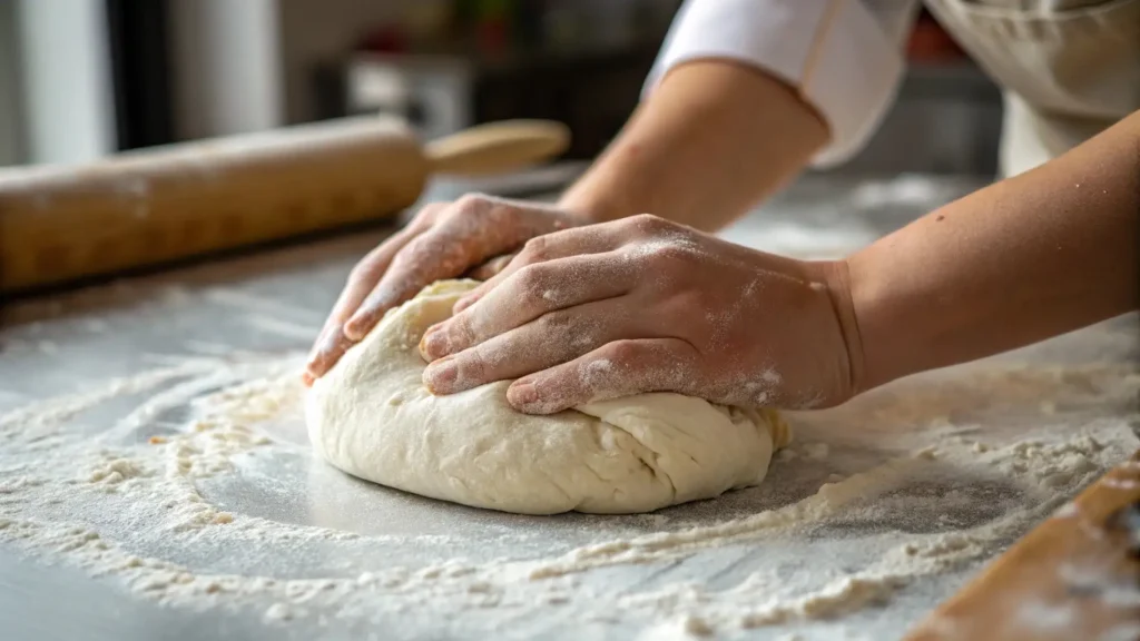 Miche Bread: The Simple Joy of Perfectly Crafted Loaves 2 Close-up of hands kneading dough on a floured countertop, with flour visible on the surface and the hands, emphasizing the bread-making process.