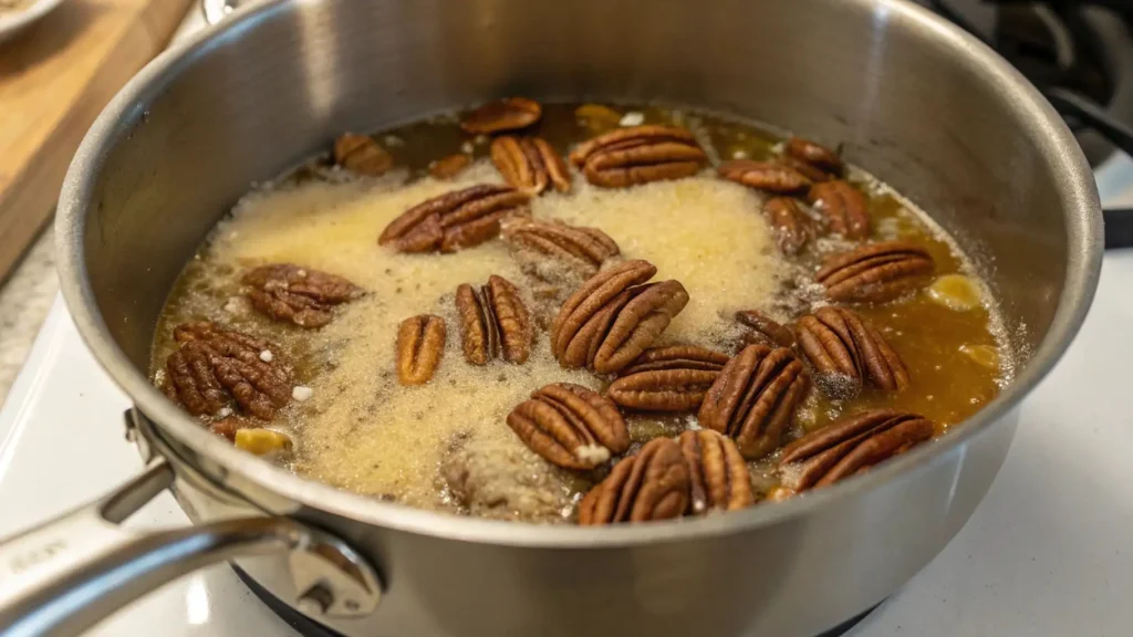 Pecan Pie Lasagna That Makes Holidays Special 4 A close-up image of pecans being simmered in butter, brown sugar, and maple syrup in a saucepan, creating a caramelized pecan layer for a dessert.