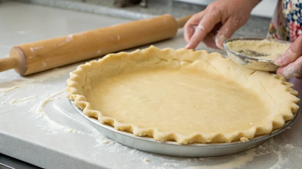 Tart Cherry Pie You’ll Love to Make Again and Again 2 Person preparing a homemade pie crust, gently crimping the edges of the dough in a pie dish, with a rolling pin and flour scattered on the countertop.