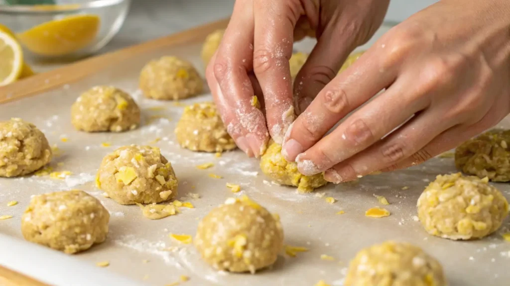 Lemon Oatmeal No Bake Cookies That Taste Amazing 3 Hands shaping lemon oatmeal no bake cookies on a parchment-lined tray with visible lemon zest.