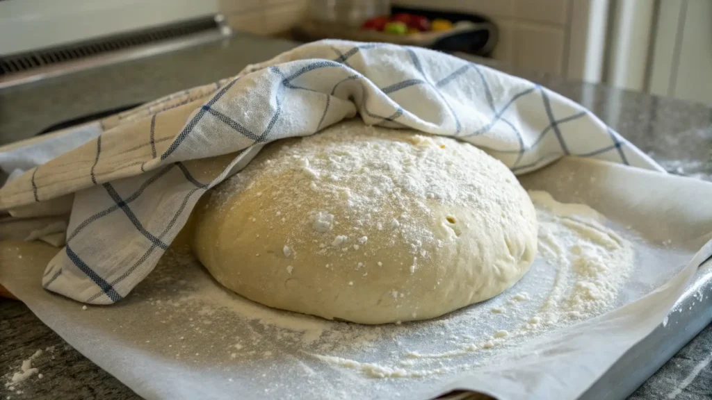 Sweet Sourdough Bread Joyful Baking Made Simple 4 A dough ball covered with a flour-dusted kitchen towel, resting on parchment paper for its second rise, showing the beginning of the shaping process for sweet sourdough bread.