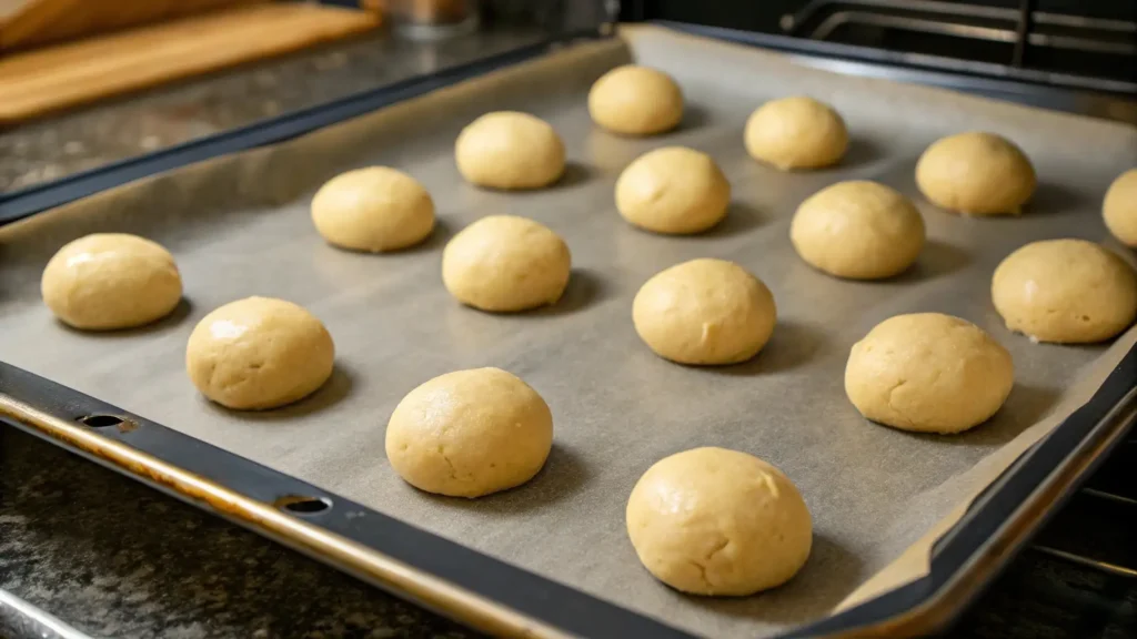 Lemon Pound Cake Cookies Amazingly Easy and Delicious 4 Unbaked lemon pound cake cookie dough balls neatly arranged on a parchment-lined baking tray, ready to bake.
