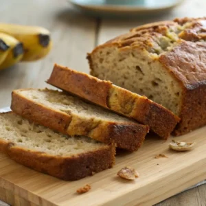 Banana Bread Using Frozen Bananas You’ll Love to Make 3 Sliced banana bread on a wooden cutting board, with ripe bananas in the background.