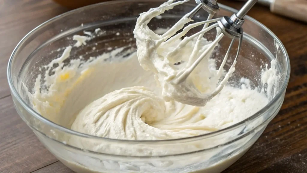 Amish Peanut Butter Cream Pie – A Decadent Treat You'll Love 3 A mixing bowl with freshly whipped heavy cream, showing smooth, fluffy peaks on the beaters. The cream is thick and airy, ready to be incorporated into a dessert.
