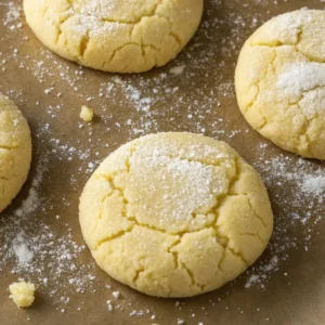 Small Batch Sugar Cookies for the Ultimate Treat 4 Freshly baked small batch sugar cookies with cracked surfaces, lightly dusted with powdered sugar, on parchment paper.