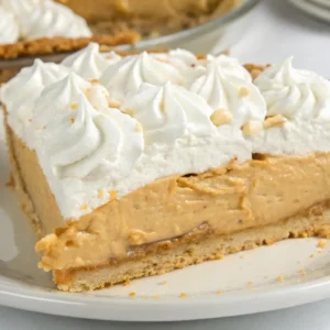 Slice of Amish peanut butter cream pie topped with whipped cream on a white plate.