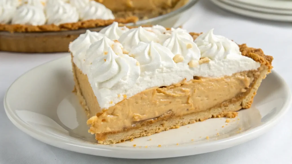 A slice of Amish Peanut Butter Cream Pie with a graham cracker crust, topped with fluffy whipped cream peaks and a smooth peanut butter filling.