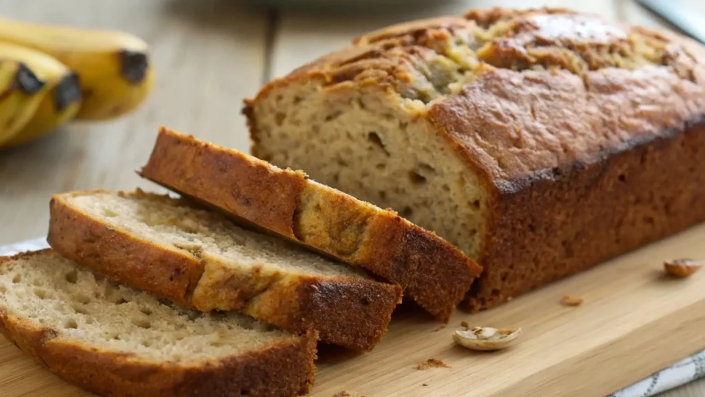Freshly baked banana bread with slices cut and placed on a wooden cutting board, with ripe bananas in the background.