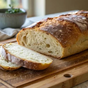 Freshly baked batard bread on a wooden cutting board, with a slice cut to show the airy, soft interior and crispy crust.