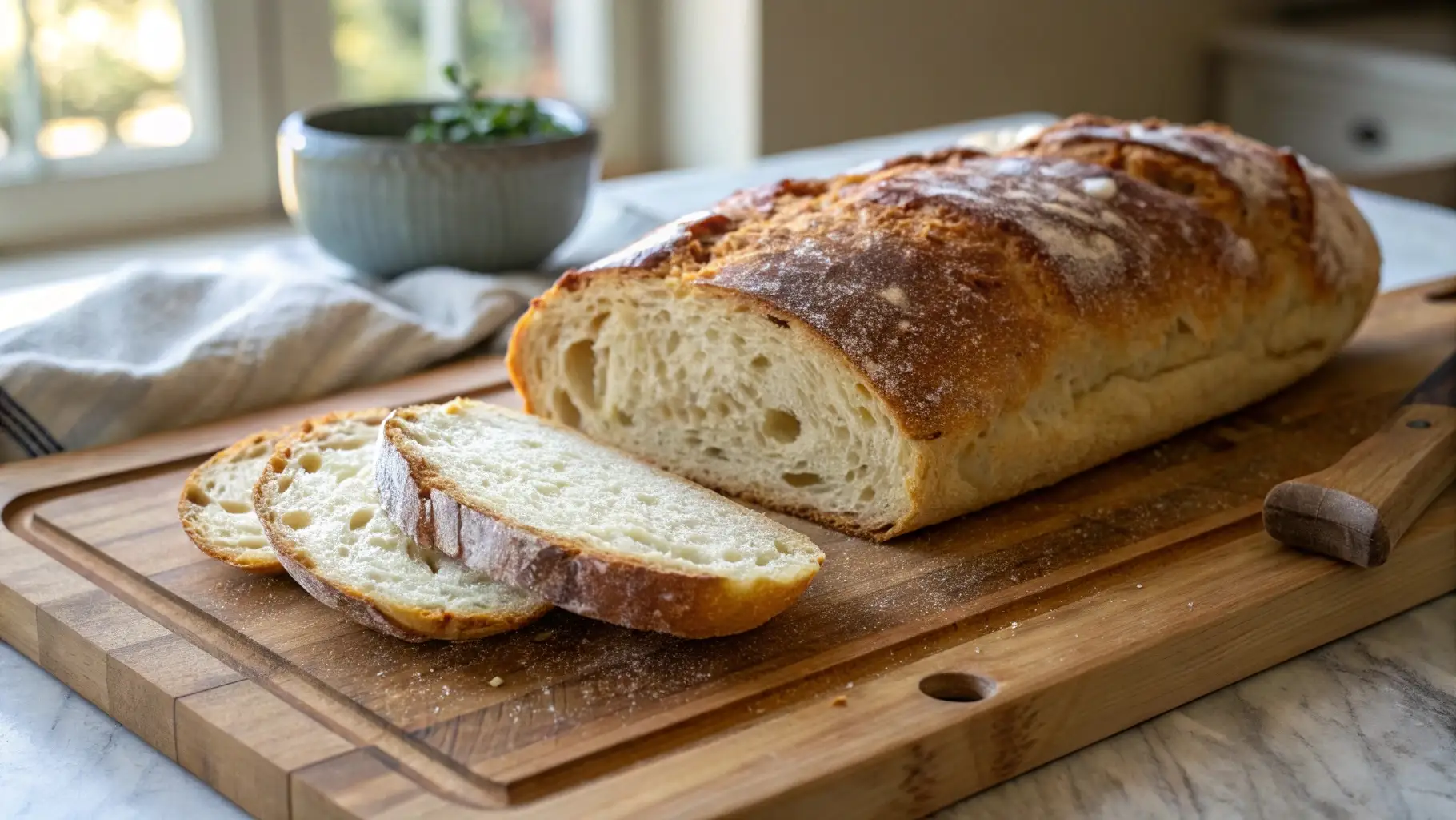 A freshly baked loaf of batard bread sliced on a wooden cutting board with a soft, airy interior and a golden, crispy crust.