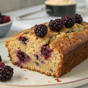Sliced blackberry banana bread with visible blackberries on top and inside, showing a soft, moist interior with a golden-brown crust.