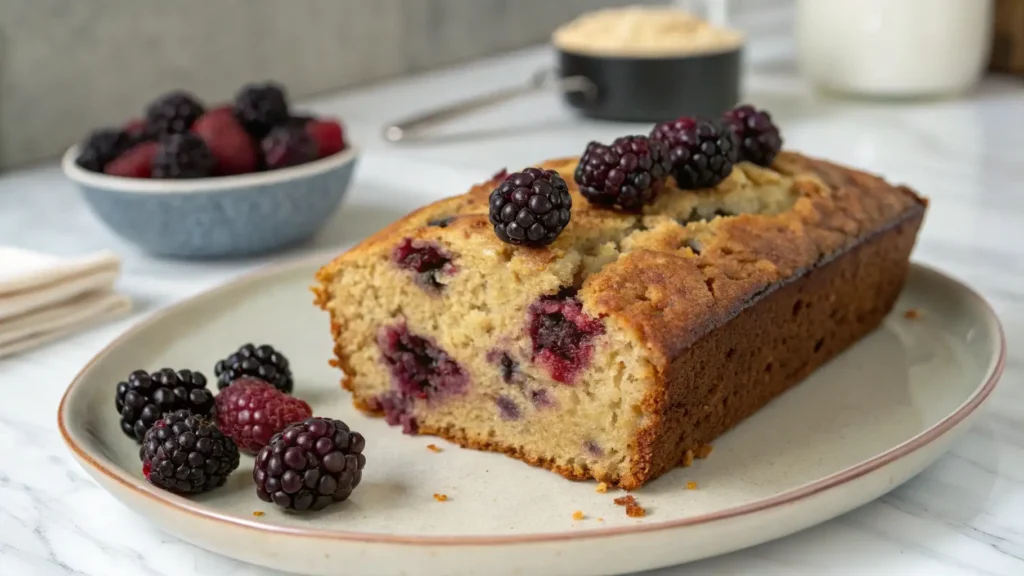 Freshly baked blackberry banana bread with a slice cut to show its moist interior, topped with blackberries, on a light-colored plate with scattered berries.