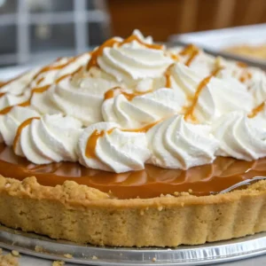 A beautifully garnished Caramel Cream Pie topped with fluffy whipped cream swirls and a drizzle of caramel sauce, showcasing its rich golden caramel filling.