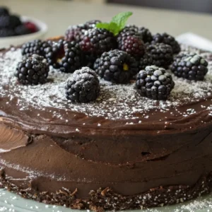 Indulge in the Best Chocolate Blackberry Cake Ever 5 A close-up of a chocolate blackberry cake topped with fresh blackberries, powdered sugar, and a sprig of mint, served on a plate.