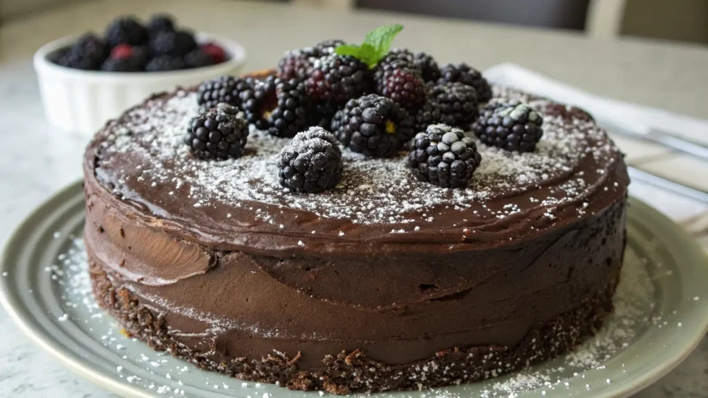 A delicious chocolate blackberry cake topped with fresh blackberries, powdered sugar, and a sprig of mint on a plate.
