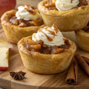 Golden-brown Cinnamon Roll Apple Pie Cups topped with whipped cream and caramel drizzle, served on a wooden platter with cinnamon sticks and apple slices.
