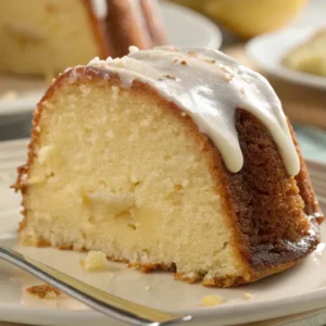 Slice of cream cheese pineapple pound cake with a glossy glaze, showing the soft, moist interior with visible pineapple pieces.