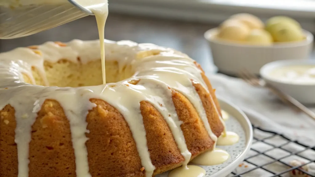 Drizzling glaze over a freshly baked cream cheese pineapple pound cake, with smooth icing cascading down the sides.