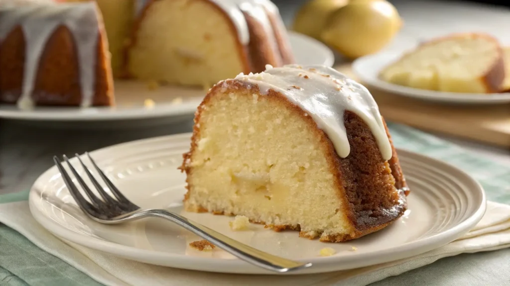 Slice of cream cheese pineapple pound cake with glaze, showing its moist interior, placed on a plate with a fork.