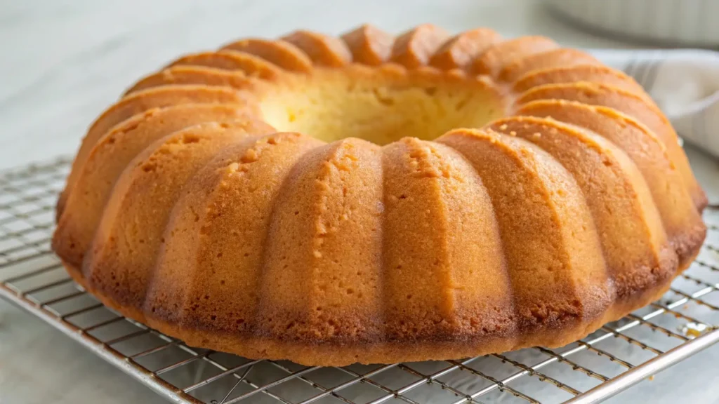Freshly baked cream cheese pineapple pound cake cooling on a wire rack, showing its golden-brown bundt shape.