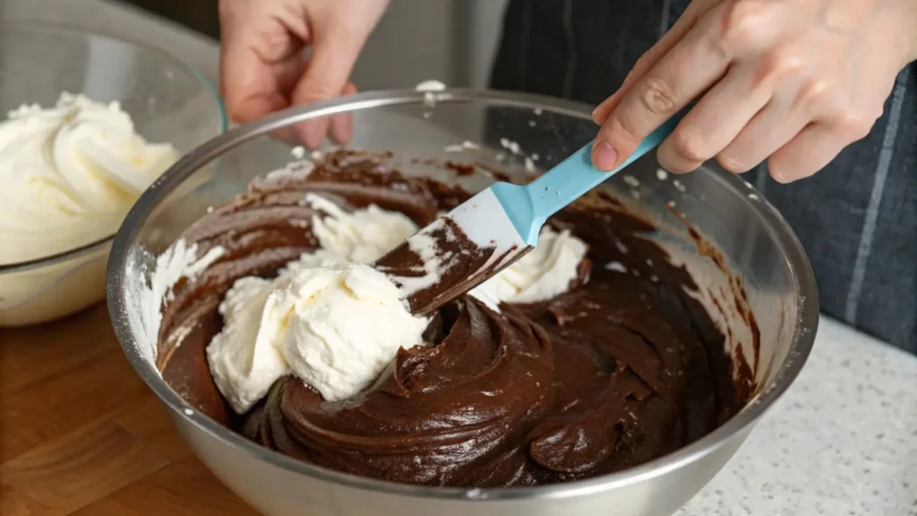 The Ultimate Chocolate Cream Cheese Pie You Can’t Miss 2 A person folding whipped cream into a rich chocolate mixture with a spatula in a large mixing bowl.