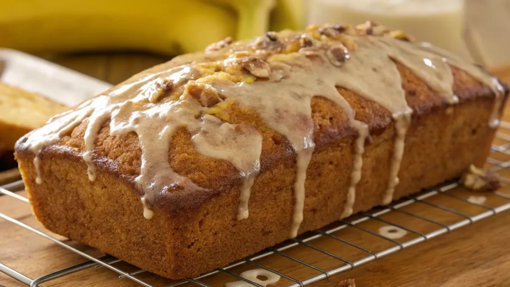 Freshly baked banana bread with a sweet glaze drizzled on top and topped with crushed nuts, resting on a cooling rack.
