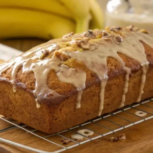 Freshly baked banana bread topped with a smooth glaze and sprinkled with chopped nuts, resting on a cooling rack with bananas in the background.