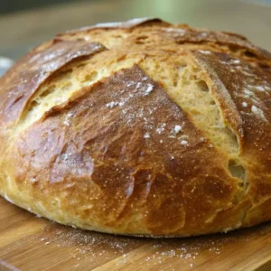 A close-up of a freshly baked round loaf of Miche bread with a golden-brown crust and visible cracks, resting on a wooden cutting board.