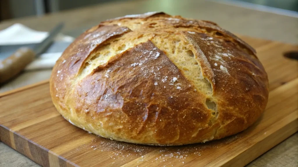 A freshly baked round loaf of Miche bread with a golden-brown, crispy crust, placed on a wooden cutting board with a light dusting of flour.