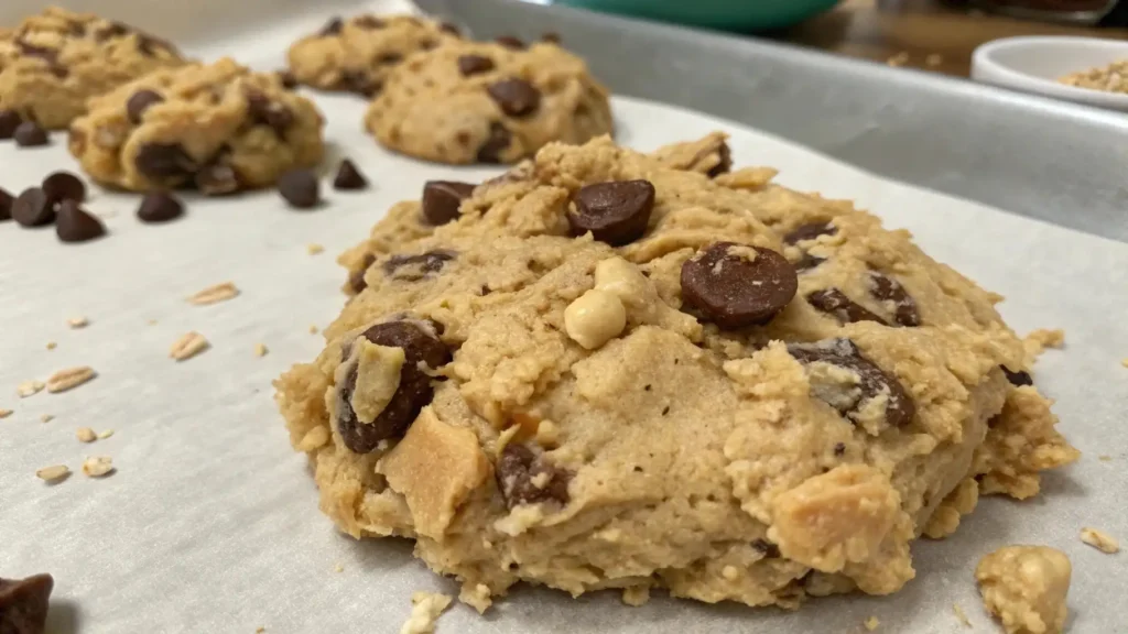Close-up of freshly baked monster cookie dough​ on parchment paper, with visible chocolate chips and chunks of nuts.