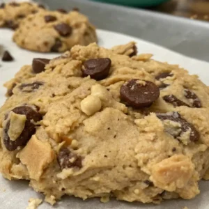 A close-up of a freshly baked monster cookie with chocolate chips and chunks of nuts on parchment paper.