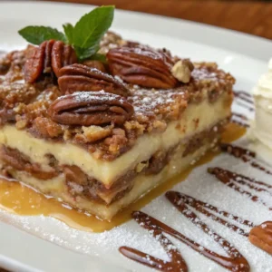 A close-up of a slice of Pecan Pie Lasagna, topped with whole pecans, powdered sugar, and a mint leaf, served with whipped cream and caramel and chocolate drizzles.