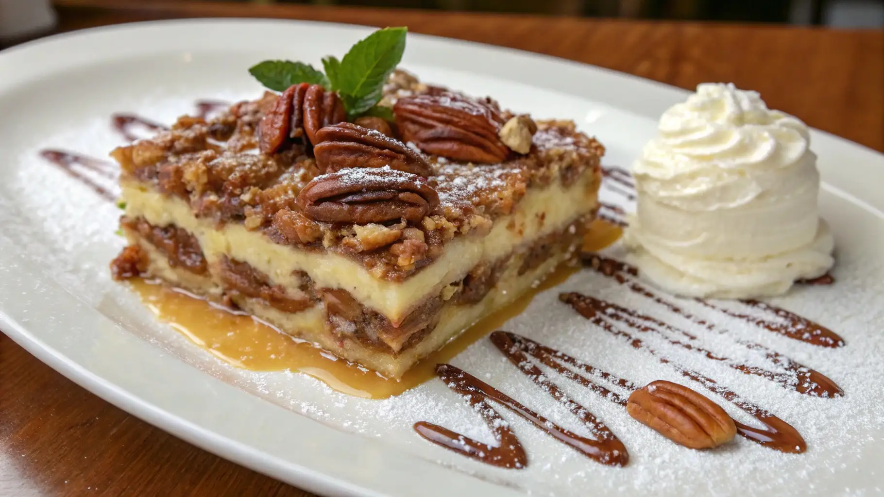 A slice of Pecan Pie Lasagna topped with whole pecans, a dusting of powdered sugar, and a dollop of whipped cream, served on a white plate with caramel and chocolate drizzle.