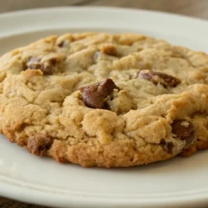 A close-up of a freshly baked Rice Krispie Chocolate Chip Cookie with a golden-brown edge and gooey chocolate chips on a white plate.