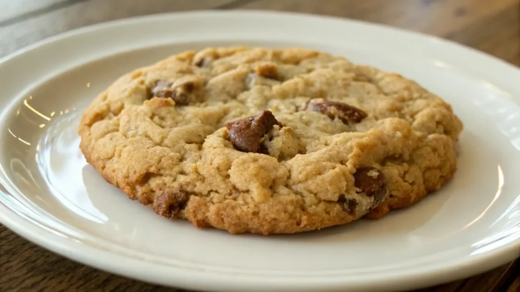 A freshly baked Rice Krispie Chocolate Chip Cookies on a white plate, showing a golden-brown color with visible chocolate chunks, resting on a wooden table.