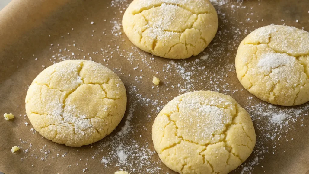 Freshly baked small batch sugar cookies with cracked surfaces and a light dusting of powdered sugar on parchment paper.