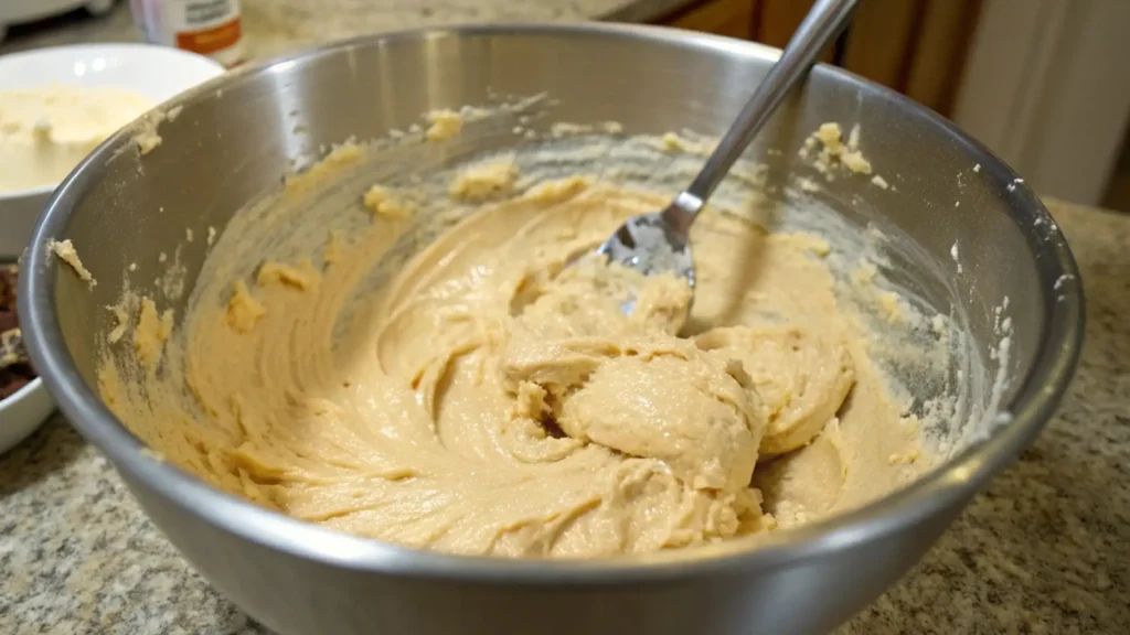 Monster Cookie Dough You Need to Try Right Now 2 A close-up of creamy peanut butter and softened butter being mixed together in a large metal mixing bowl.