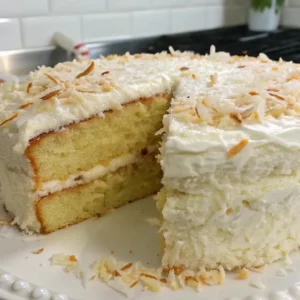 A slice of sour cream coconut cake with creamy frosting and toasted coconut flakes on top. The moist layers of the cake are clearly visible, sitting on a decorative white cake stand.