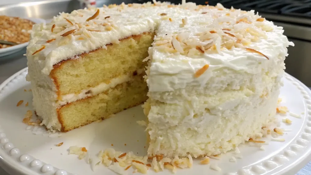 A freshly sliced sour cream coconut cake with a creamy frosting and toasted coconut flakes, placed on a white decorative cake stand.