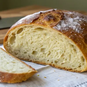 Sweet Sourdough Bread Joyful Baking Made Simple 5 A freshly baked loaf of sweet sourdough bread with a golden-brown crust and soft, airy crumb, sliced to reveal its light, fluffy texture.