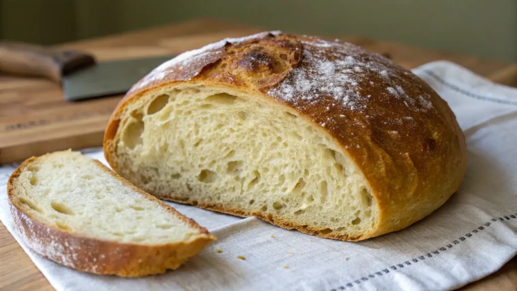 A freshly baked loaf of sweet sourdough bread with a soft, airy crumb, sliced to show its tender interior, resting on a white cloth with a rustic wooden background.