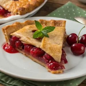 Slice of freshly baked tart cherry pie with a golden, flaky crust and vibrant cherry filling, garnished with a fresh mint leaf and served with whole cherries on the side.