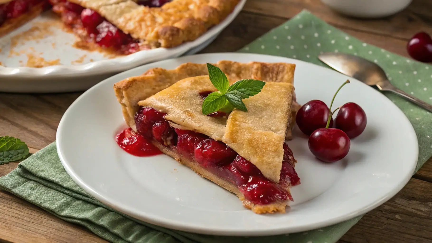 Slice of freshly baked tart cherry pie with a golden, flaky crust, topped with fresh mint leaves, served on a white plate with whole cherries on the side.