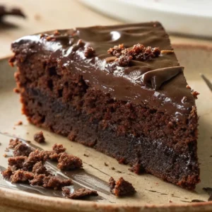 Close-up of a rich, moist slice of chocolate cake with glossy ganache and crumbs on a ceramic plate.